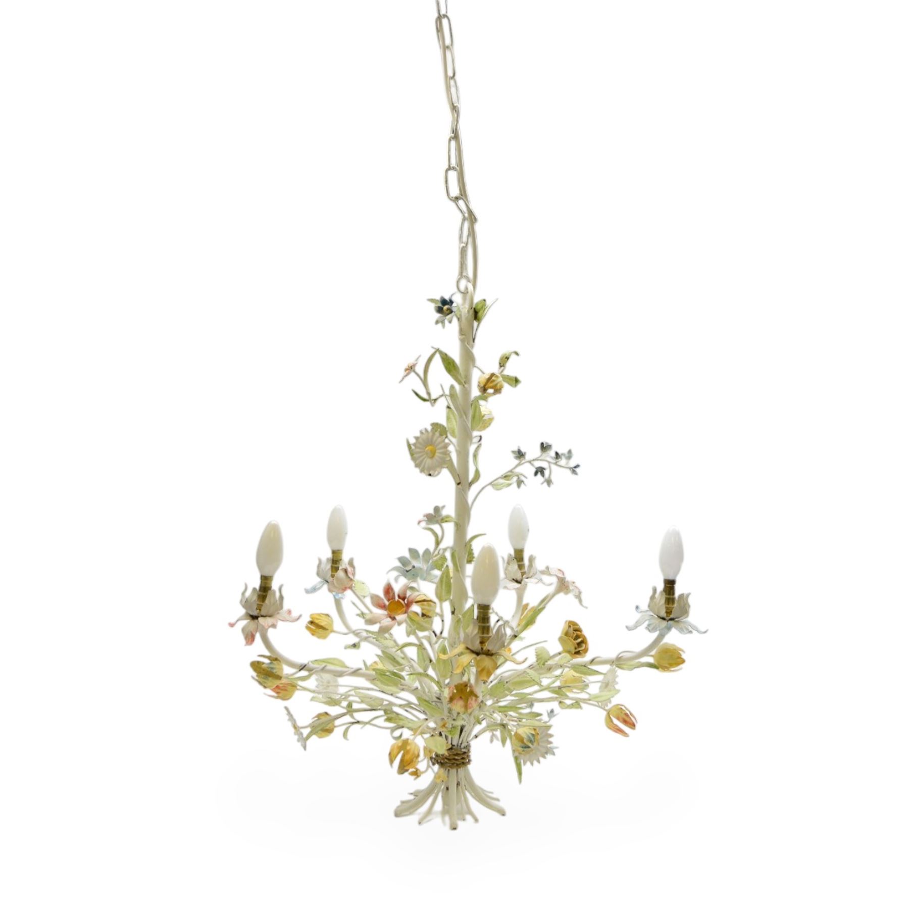 Mid-20th century French toleware chandelier, designed as a multicoloured floral bouquet, five branches each terminating in light fittings
