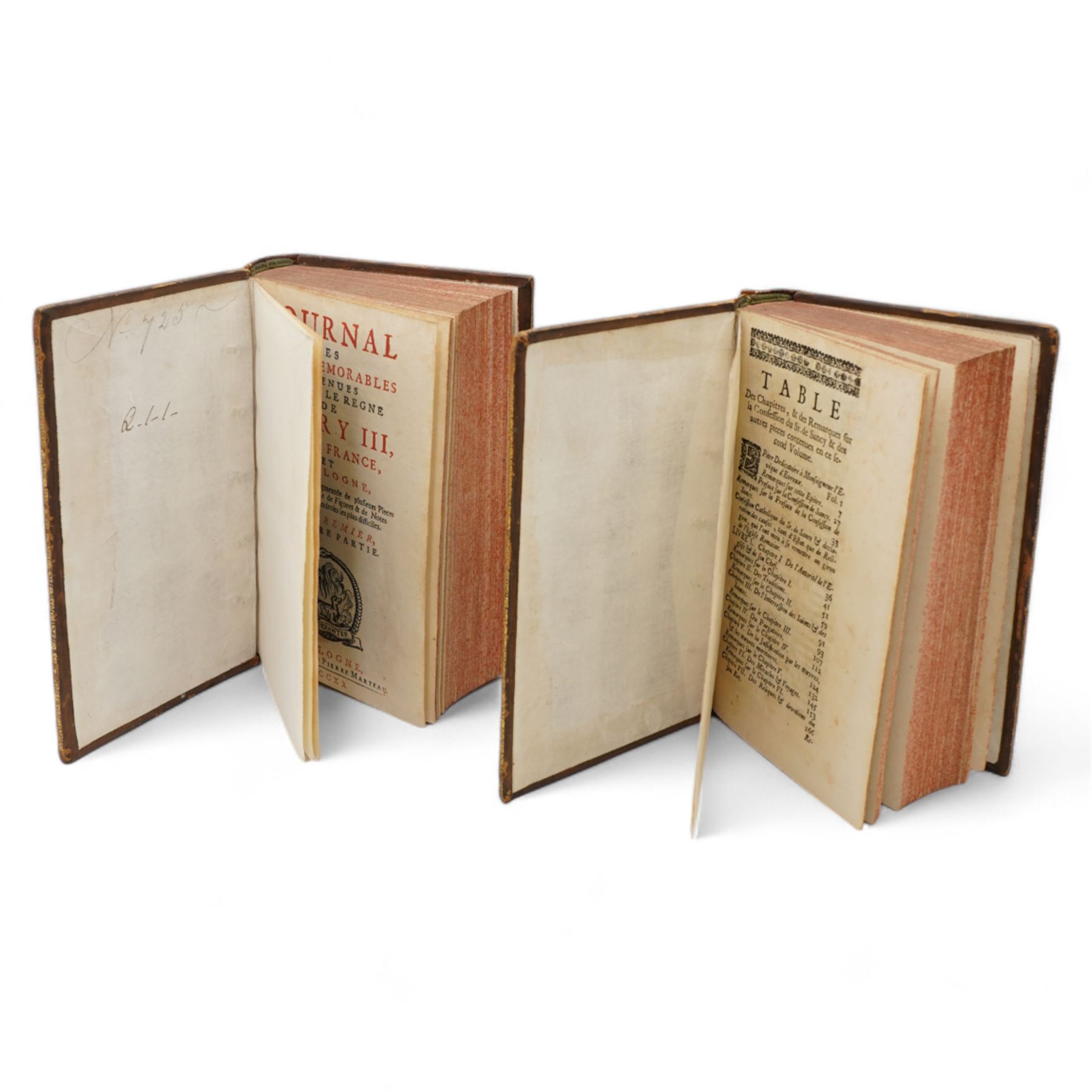 Pierre de L'Estoile - 'Journal des Choses Memorables Advenues de Henry III' published in French by P Marteau, Cologne two volumes 1720 in full calf (2), De Vigny, Alfred - 'Theatre Complet' pub. 1848 half calf, 'Cinq-Mars' pub 1898, De Stendhal - 'La Peintre en Italie' 1864 and H Taine - 'Voyage en Italie' two volumes bound together 1880, all published in French (4)