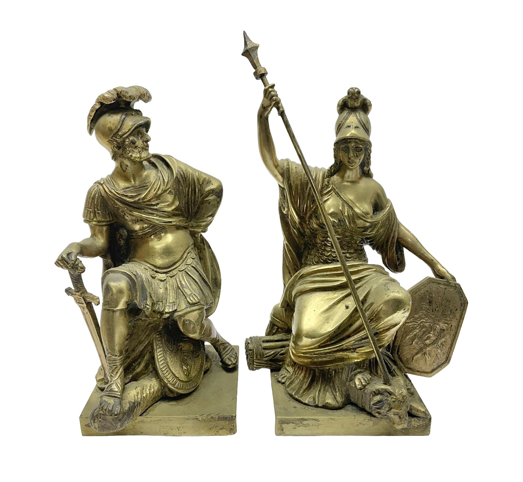 Pair brass grand tour style figures of Minerva and Mars, each on a square base, Minerva H18cm