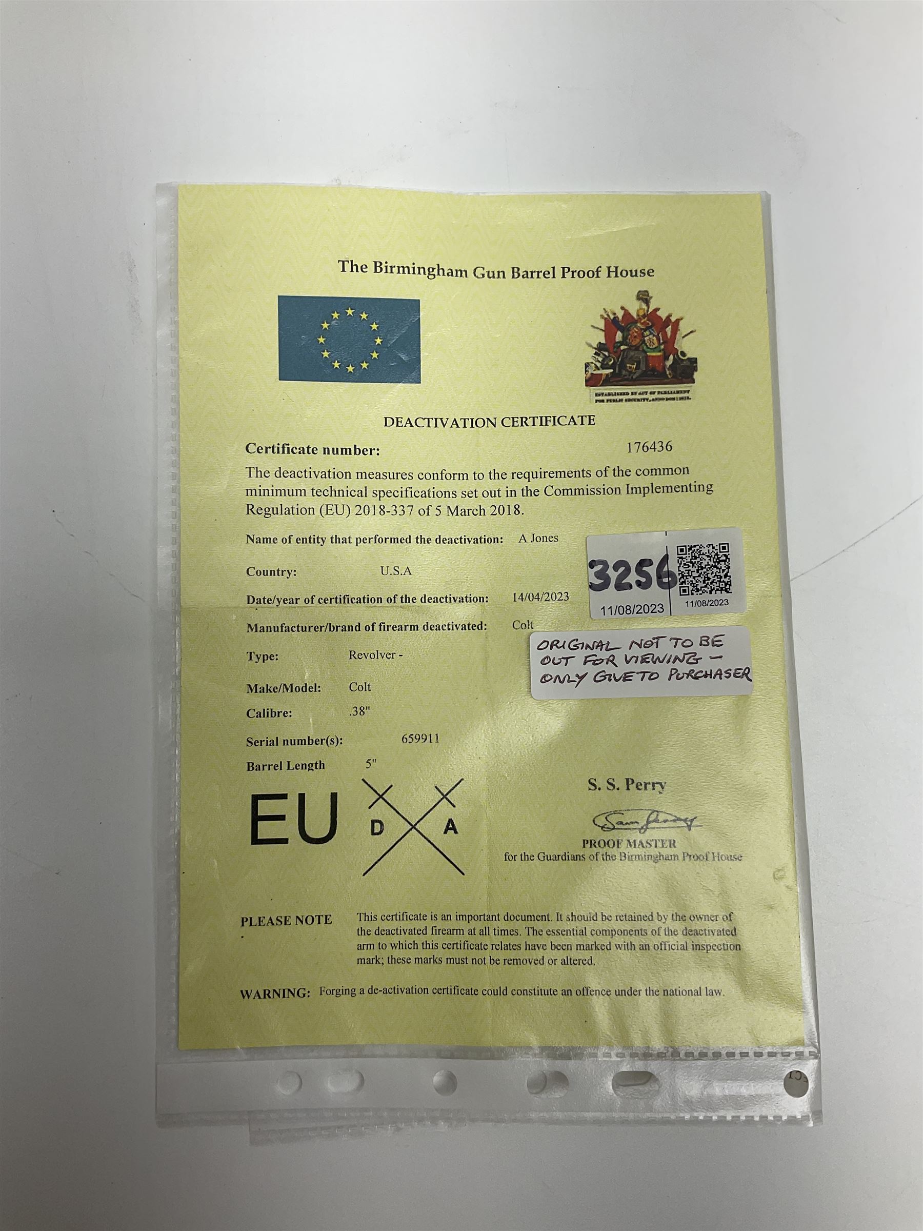 Deactivated Colt Official Police 38-200 six-shot revolver, the 13cm(5