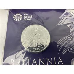 The Royal Mint United Kingdom 2015 fine silver fifty pound Britannia coin, on card, Queen Elizabeth II 1997 silver proof Britannia and 1997 silver proof two pound coin, both cased with certificates 