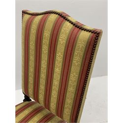 Royal Oak Furniture Co - Jacobean style oak dining table, rectangular top with a lunette carved frieze, acanthus carved baluster cup and cover supports joined by angular stretchers (276cm x 122cm, H81cm), and set ten (8+2) oak framed high back dining chairs upholstered in striped fabric with studded detail, turned supports and stretchers