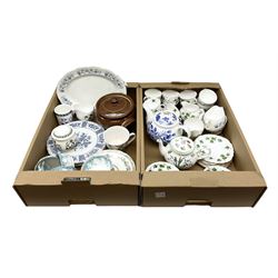 Quantity of teawares to include Coclough, Pearsons stoneware lidded twin handled pot, and other ceramics in two boxes