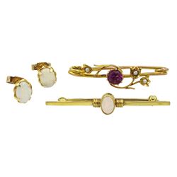 Pair of gold oval opal stud earrings, gold opal bar brooch and a stone set bar brooch, all 9ct hallmarked or tested