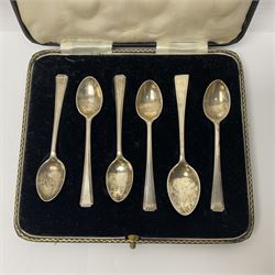 Five silver coffee spoons, together with one other, hallmarked, silver jewellery and costume jewellery in a wooden jewellery box