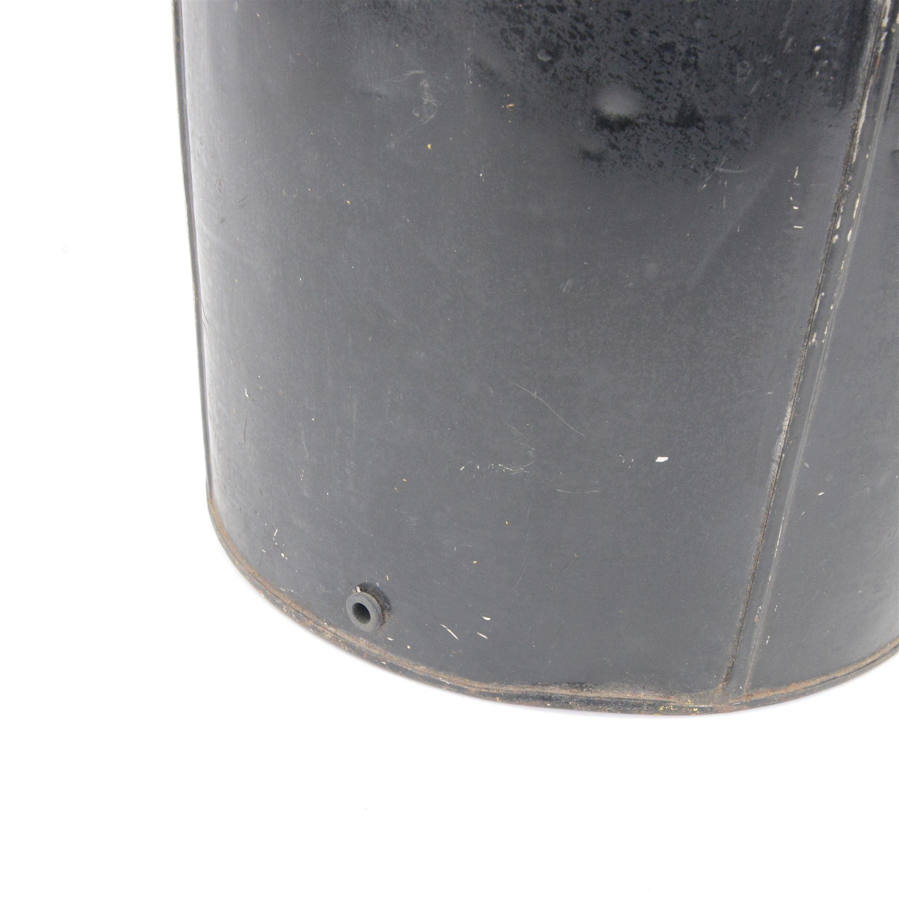 Early 20th century Japanned tole tea cannister lamp, of cylindrical form with tapering top, decorated in gilt with a figure in a garden setting, including fittings H73.5cm