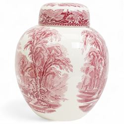 Large Carlton ware ginger jar and cover decorated in the New Mikado pattern on a blue ground H33cm, matching candlestick and a Masons Ironstone pink Vista pattern ginger jar and cover H23cm