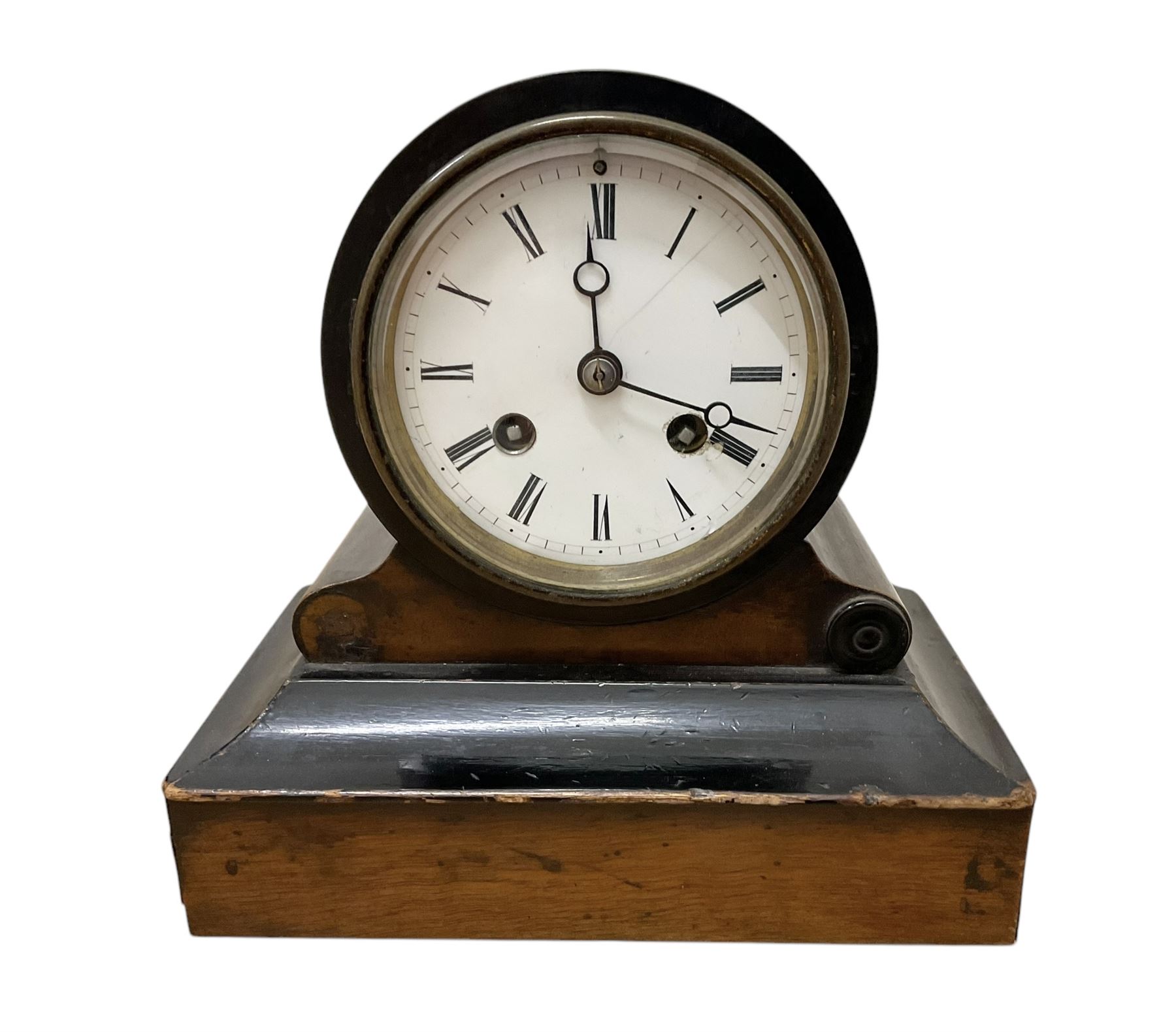 French- late 19th century mahogany and ebonised 8-day mantle clock c1890, cased drum movement with an enamel dial, Roman numerals and steel moon hands, countwheel striking movement, sounding the hours on a bell. With pendulum.