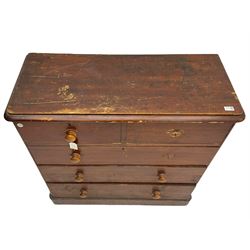Chatsworth House - 19th century Victorian stained pine chest of drawers from Chatsworth House servant's quarters, moulded rectangular top over two short and three long drawers, plinth base. Provenance: Previously lot 1065 from the 