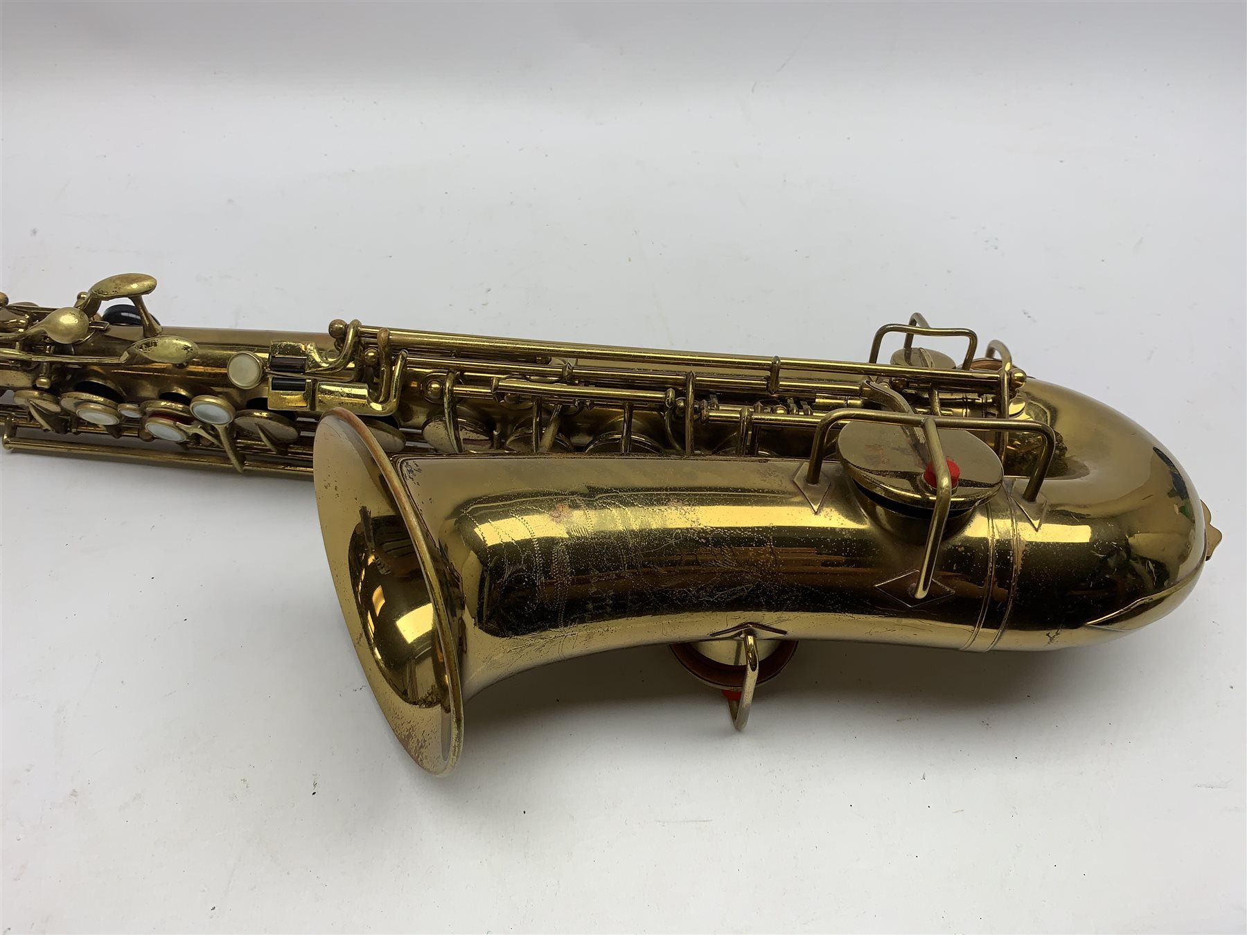 Elkhart 'The Buescher' True-Tone Low Pitch alto saxophone, serial no.147605, in Hiscox Liteflite carrying case with crook