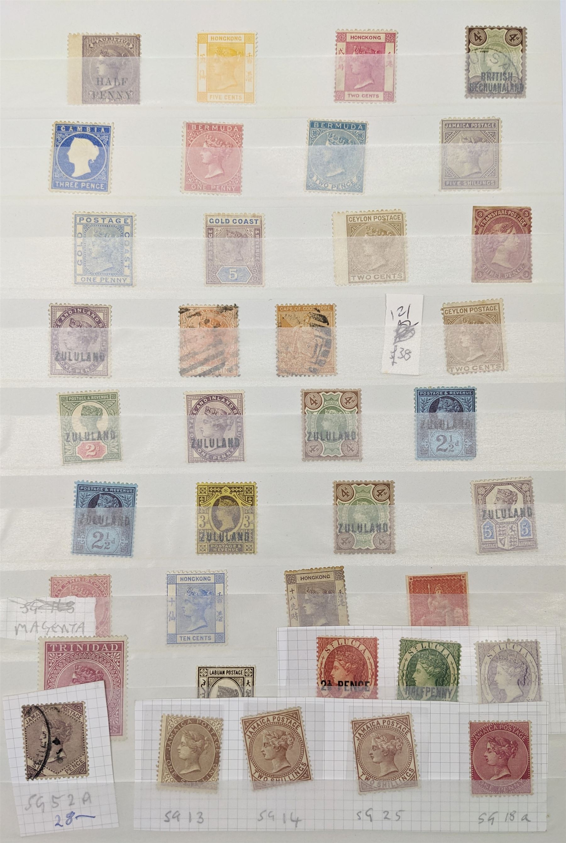 Queen Victoria and later World stamps, including Canada, Bermuda, Gibraltar, St Lucia, Trinidad, New Zealand, Cape of Good Hope etc, various values and monarchs , mint and used, housed in a green stockbook