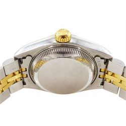 Rolex Oyster Perpetual DateJust ladies stainless steel and gold automatic wristwatch, circa 1999, Ref. 79173, serial No. A854711, blue jadeite dial with diamond dot hour markers at 6 and 9 o'clock, on Rolex Jubilee stainless steel and gold bracelet, with fold-over clasp, boxed with papers and additional links