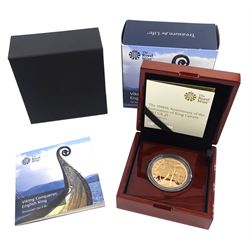 Queen Elizabeth II 2017 gold proof five pound coin commemorating 'The 1000th Anniversary of the Coronation of King Canute', No. 73/150, boxed with certificate