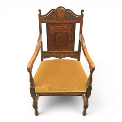 18th century inlaid mahogany armchair, carved back with marquetry panel, overstuffed uphol...