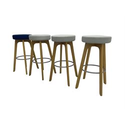 Connection Furniture - set four oak framed high bar stools, circular seat upholstered in grey and navy blue, raised on tapering supports with metal ring stretcher
