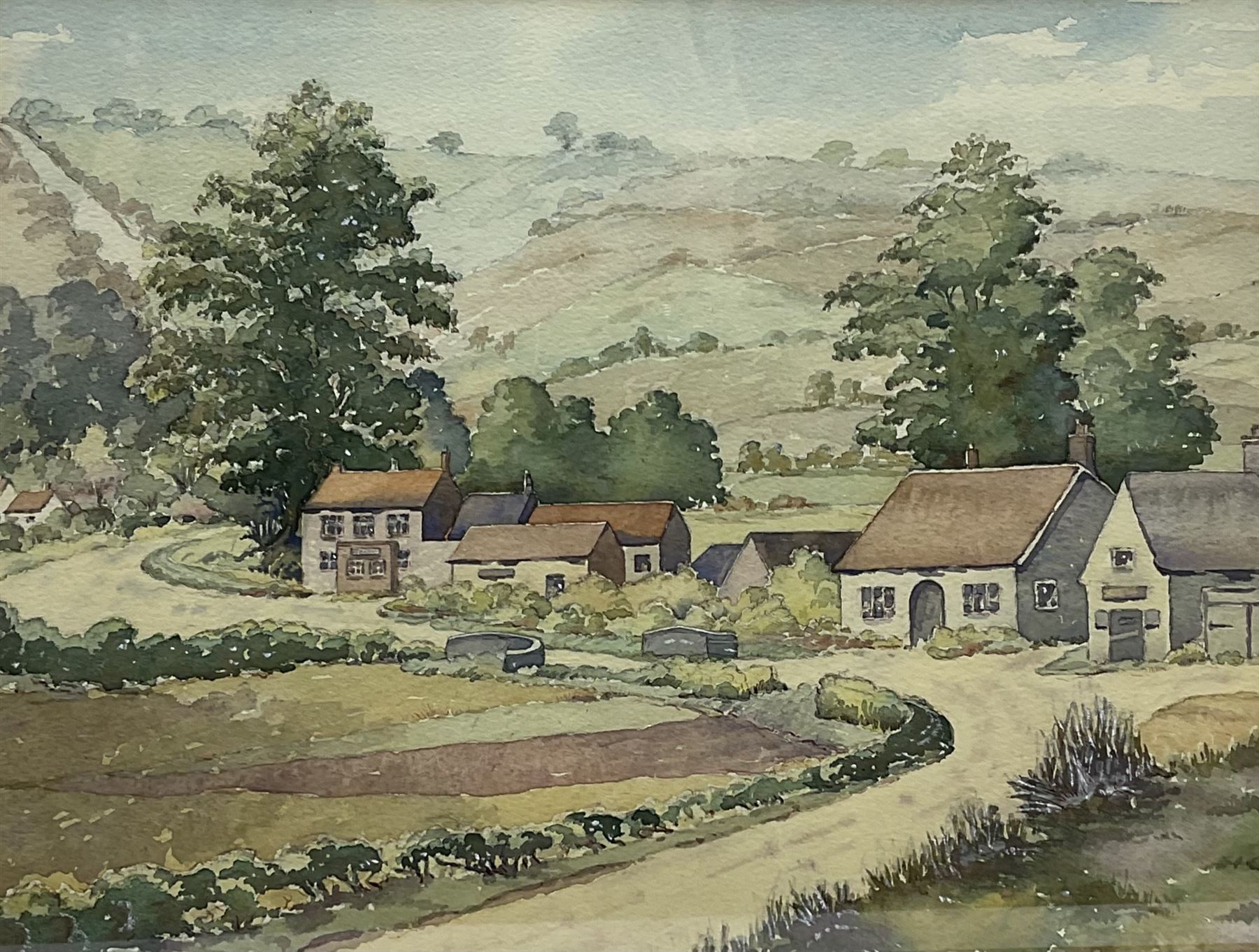 George Hewitt (British 19th/20th century): Manor House Landscape, watercolour signed and dated 1894, 26cm x 36cm; English School (20th century): Autumn Field Landscape, gouache indistinctly signed 17cm x 25cm; English School (20th century): Dales Hamlet Landscape, watercolour indistinctly signed 25cm x 33cm (3)