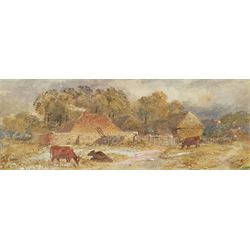 James Price (British 1842-1876): Shorthorn Cattle near a Farmyard, watercolour 13cm x 34cm