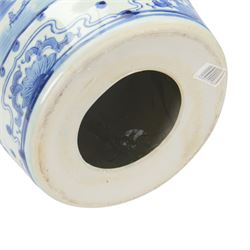 Pair of Chinese blue and white garden stools, decorated with pagodas a landscape, H40cm 