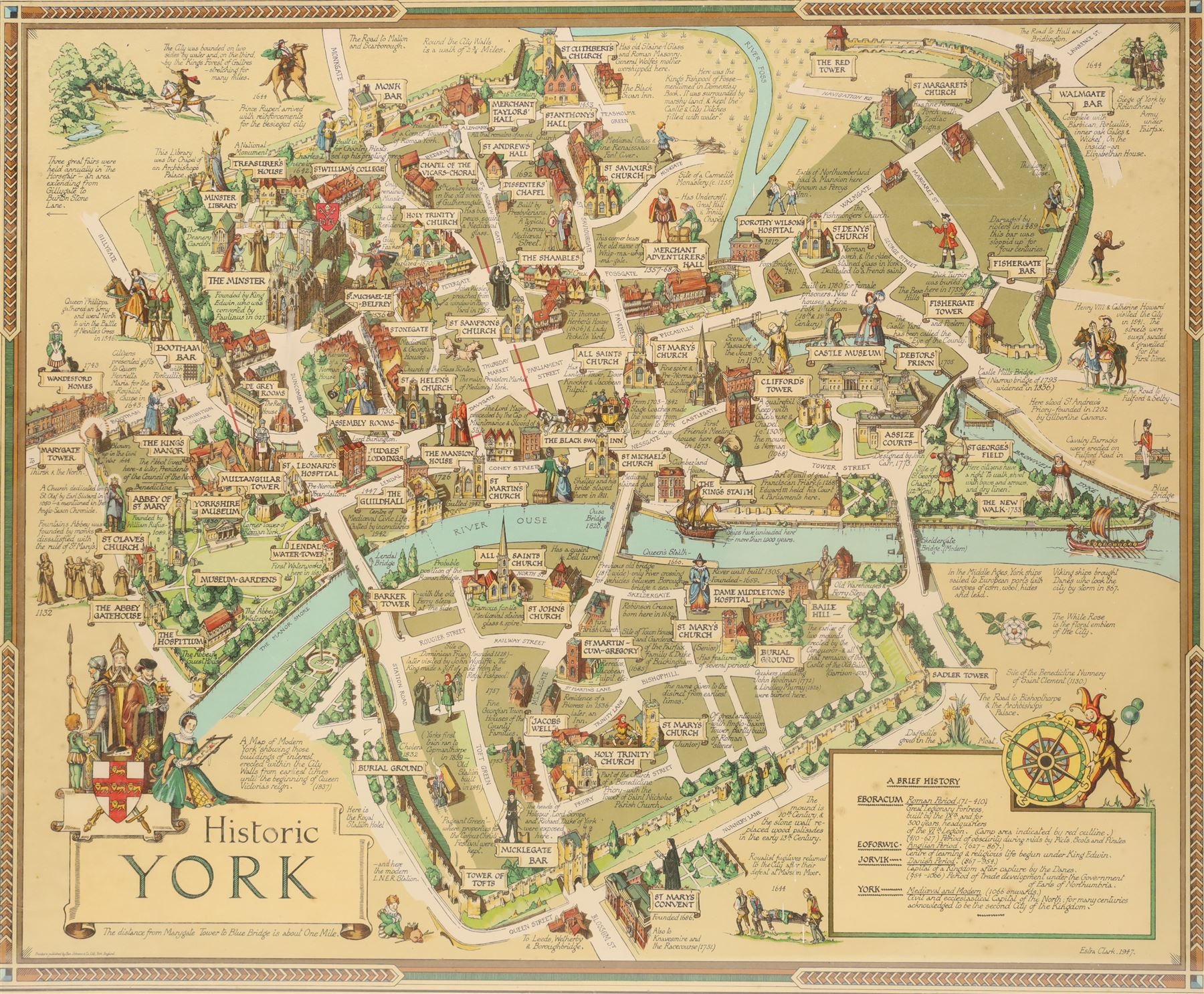 Estra Clark (British 1904-1993): 'Historic York', pictorial colour map of the City of York with important events and places described pub. Ben Johnson & Co, York 1947, 56cm x 68cm