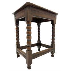 18th century oak joint coffin stool, moulded rectangular top over moulded frieze rails, raised on bobbin turned supports joined by moulded stretchers
