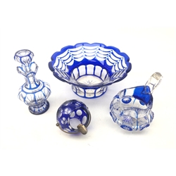  19th century blue flashed cut scent bottle, flower shaped rim, on star cut base, H16.5cm, similar style bowl, globular ashtray and jug (a/f)  