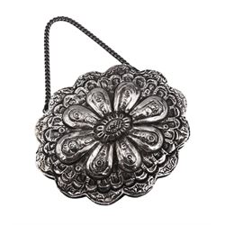 Small continental silver hanging mirror, of oval form with lobed rim and repousse floral decoration to reverse, stamped 800, W10.8cm, H9cm