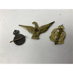 Eight metal military badges comprising Royal Tank Regiment, 17th/21st Lancers 'Death or Glory', Kings Shropshire Light Infantry, Northamptonshire and New Zealand Onward cap badges; Australian Commonwealth Military Forces Rising Sun collar badge and Australia Army Division shoulder title; and Army Catering Corps collar badge; together with brass eagle insignia (9)