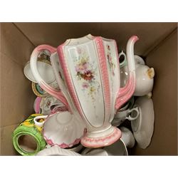 Nao vase in the form of a swan, together with various tea wares including 19th century and later tea cups and saucers, Royal Worcester coffee pot, without lid and other collectables, in two boxes 