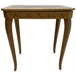 Continental 20th century inlaid satinwood occasional music table, rectangular canted top with guitar and dancing motifs, opening to reveal music box, cabriole supports