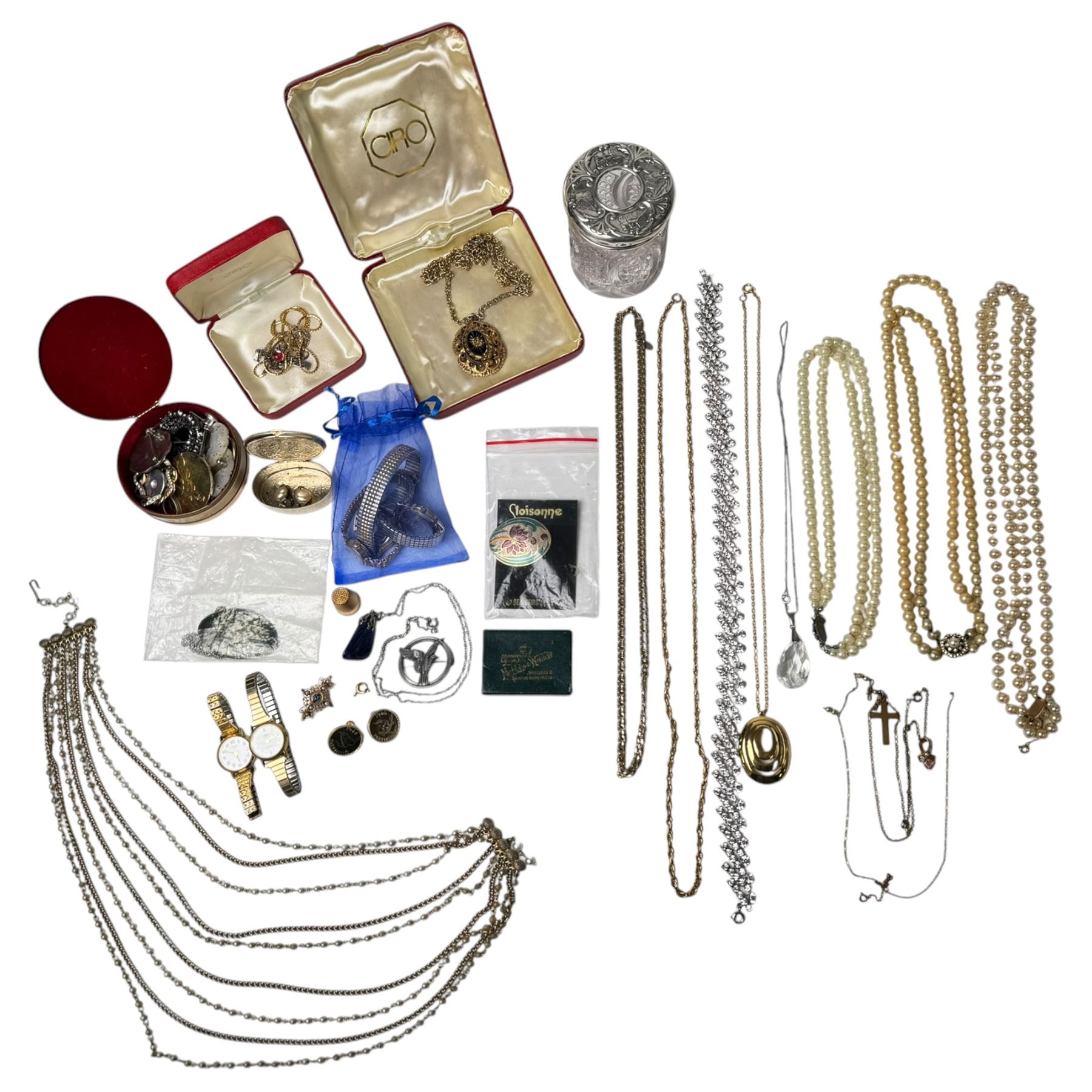 9ct gold brooch, simulated pearl necklace with a 9ct gold clasp, silver brooch, costume jewellery, and silver topped jar