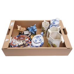 Two Sylvac dogs, 1205 and 1295, two Limoges Camus brandy flasks, pair of Imari plates, graduated jugs, Stratton and other compacts etc