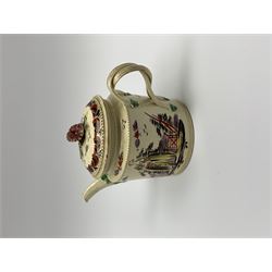 18th century creamware teapot, probably Leeds, with reeded entwined handle and floral finial to the cover, the body with hand painted polychrome decoration of figure to one side, and floral spray to the other, collectors paper label beneath inscribed Leeds Pottery, H11.5cm
