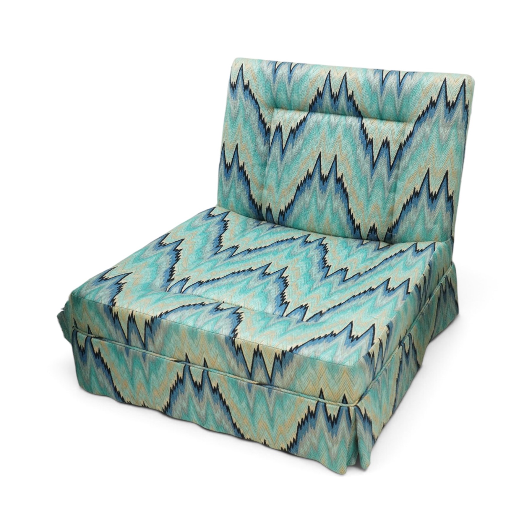 Parker & Farr - 1970s modular sofa suite comprising four chairs and footstool, reclined back with loose seat cushion, upholstered in turquoise flame-stich fabric with skirt, on castors