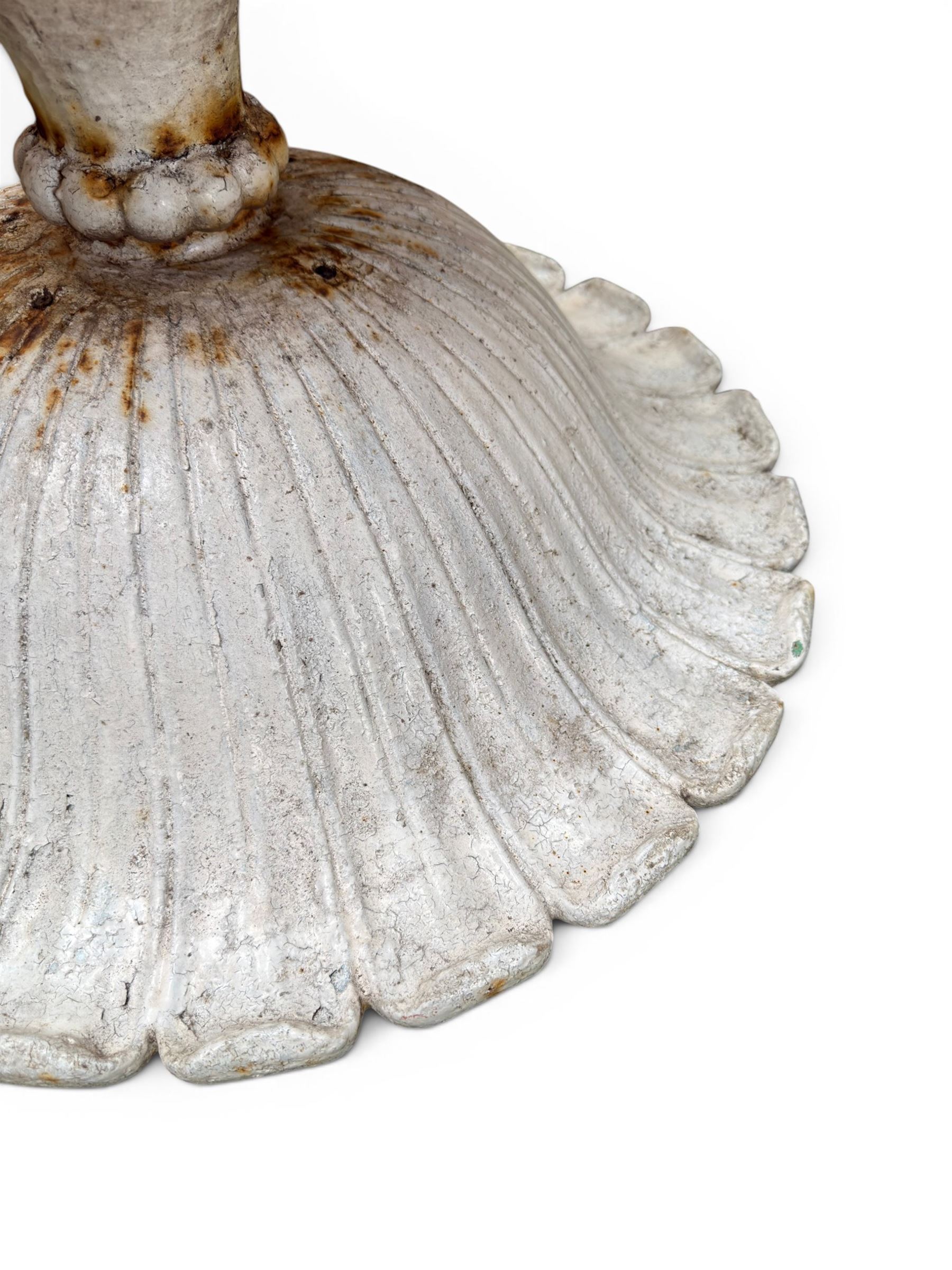 Coalbrookdale - pair of 19th century cast iron petal rim urns, squat form on square plinth, finished in distressed white paint, design registration number 133334, first registered 19 september 1860, number 19 in the Coalbrookdale Castings Catalogue (see illustration)