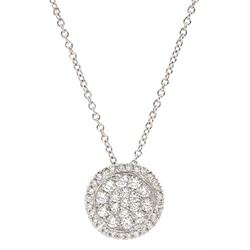 18ct white gold pave set round brilliant cut diamond circular pendant necklace, stamped