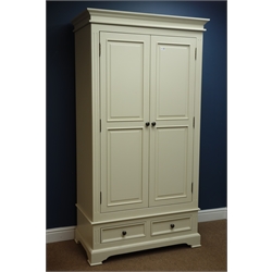  Painted double wardrobe, two panelled doors above two drawers, W101cm, H191cm, D55cm  