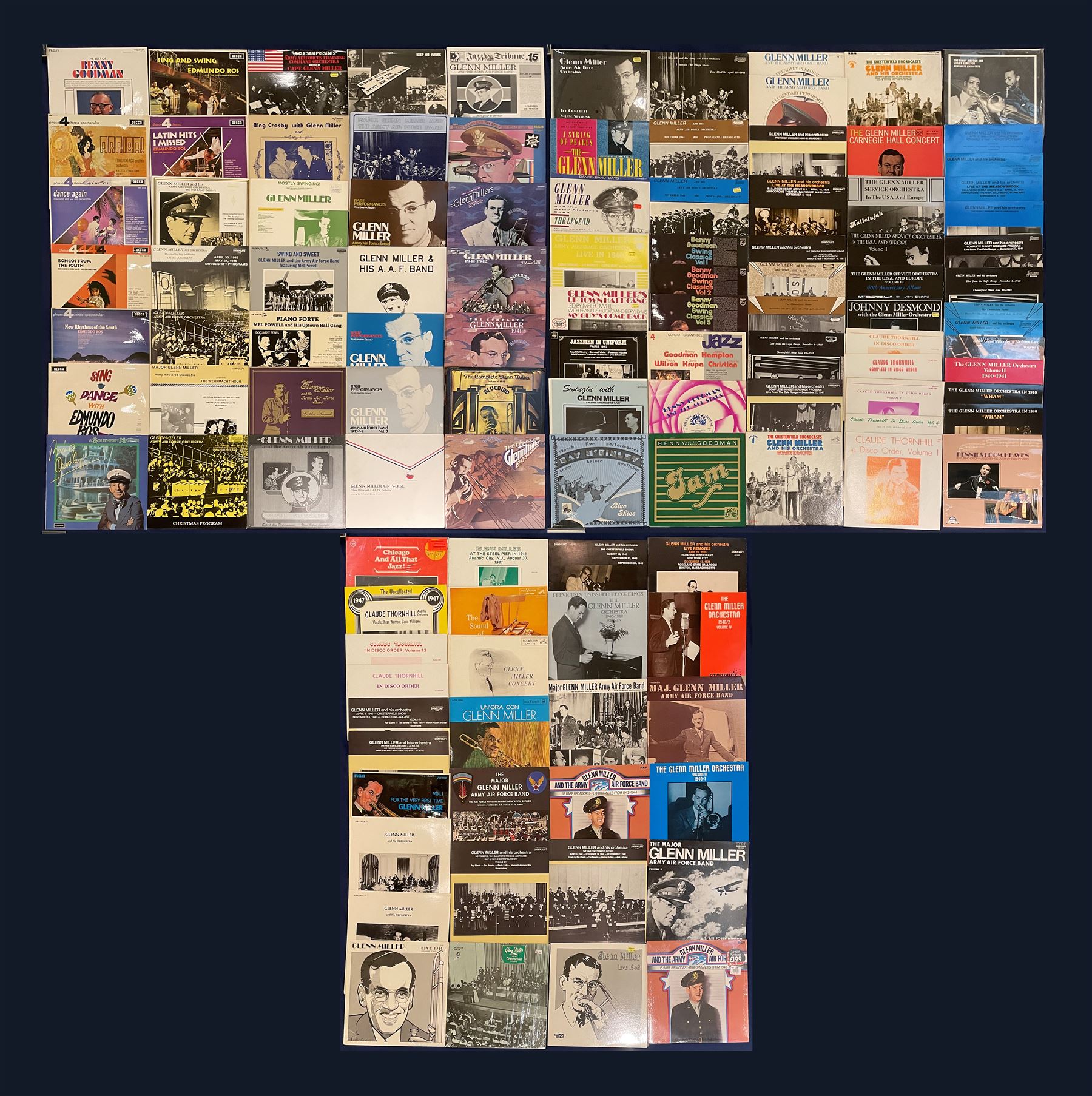 Large quantity of vinyl records, including Glenn Miller 'Major Glenn Miller And The Army Air Force Band Keep On Flying', 'Glenn Miller & His A.A.F. Band', 'The Best Of Benny Goodman' etc, 'Caribbean Ros Edmundo Ros and his Orchestra', 'Teddy Wilson And His All-Stars', 'The Real Fats Waller', 'Swing High Tommy Dorsey', 'The Latin World Of Edmundo Ros Vol.1', 'Command Performance More Music In The Glenn Miller Style Syd Lawrence Orchestra' etc; 'various volumes of 'the works of duke', 'Hey! Heard The Herd? The Woody Herman Big Band', 'The Immortal Al Jolson', 'The Duke Ellington Carnegie Hall Concerts December 1947' etc; set of fourteen Time Life Swing Era LP's together with other Jazz LP box sets including Big Bands Bonanza, In The Groove, The Great Band Era, The Golden Age of British Dance Bands, Jazz at the Philharmonic in 2 vols, approximately 400