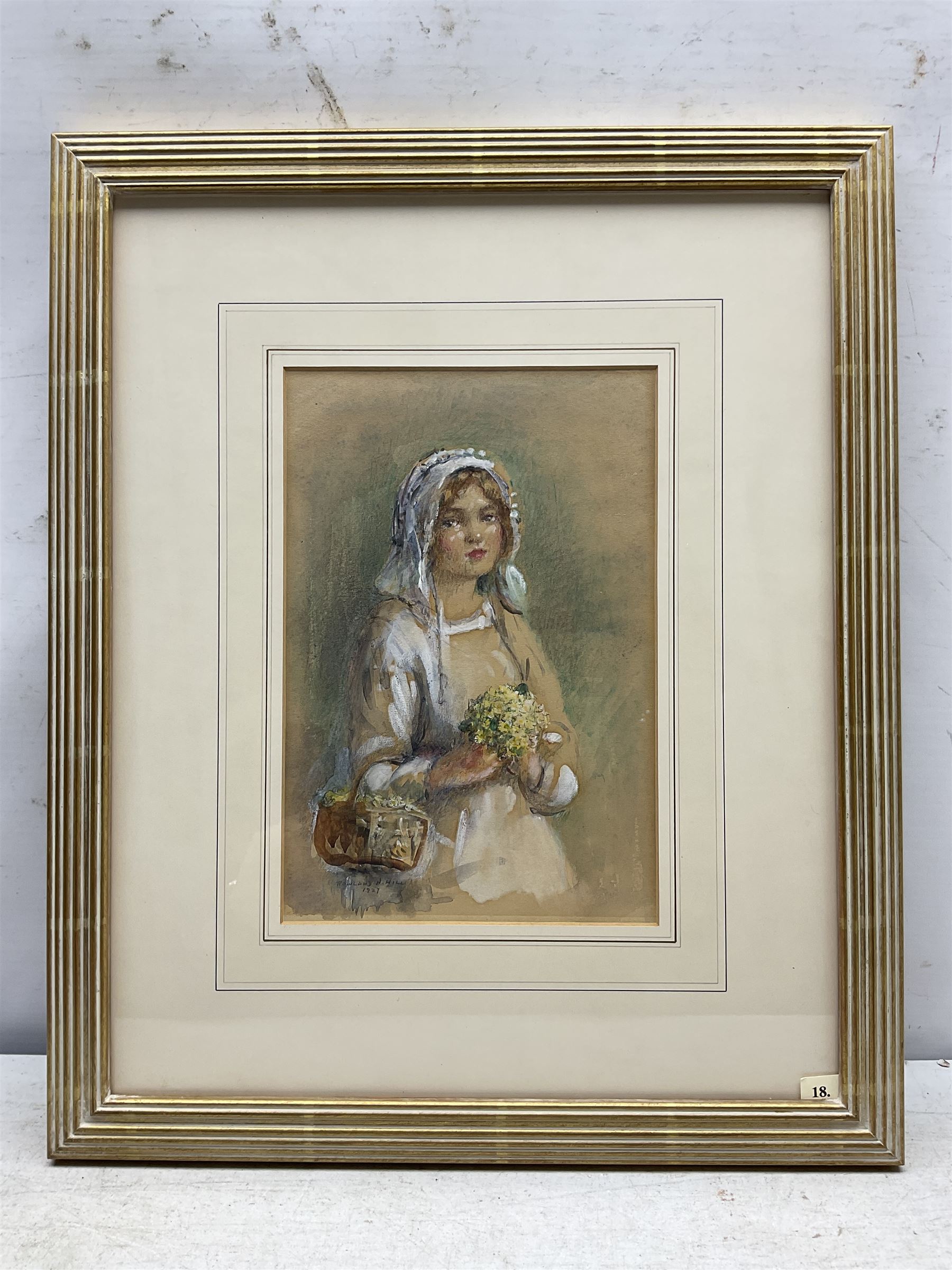 Rowland Henry Hill (Staithes Group 1873-1952): Young Girl with Primroses, watercolour heightened in white signed and dated 1927, 26cm x 17.5cm 
Provenance: exh. T B & R Jordan 'Staithes Group Exhibition', Pannett Gallery Whitby, July 2016, facsimile catalogue verso
