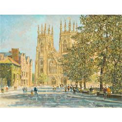 Alan Stuttle (Scarborough 1939-): York Minster in Summer, oil on canvas board signed 34cm x 44cm