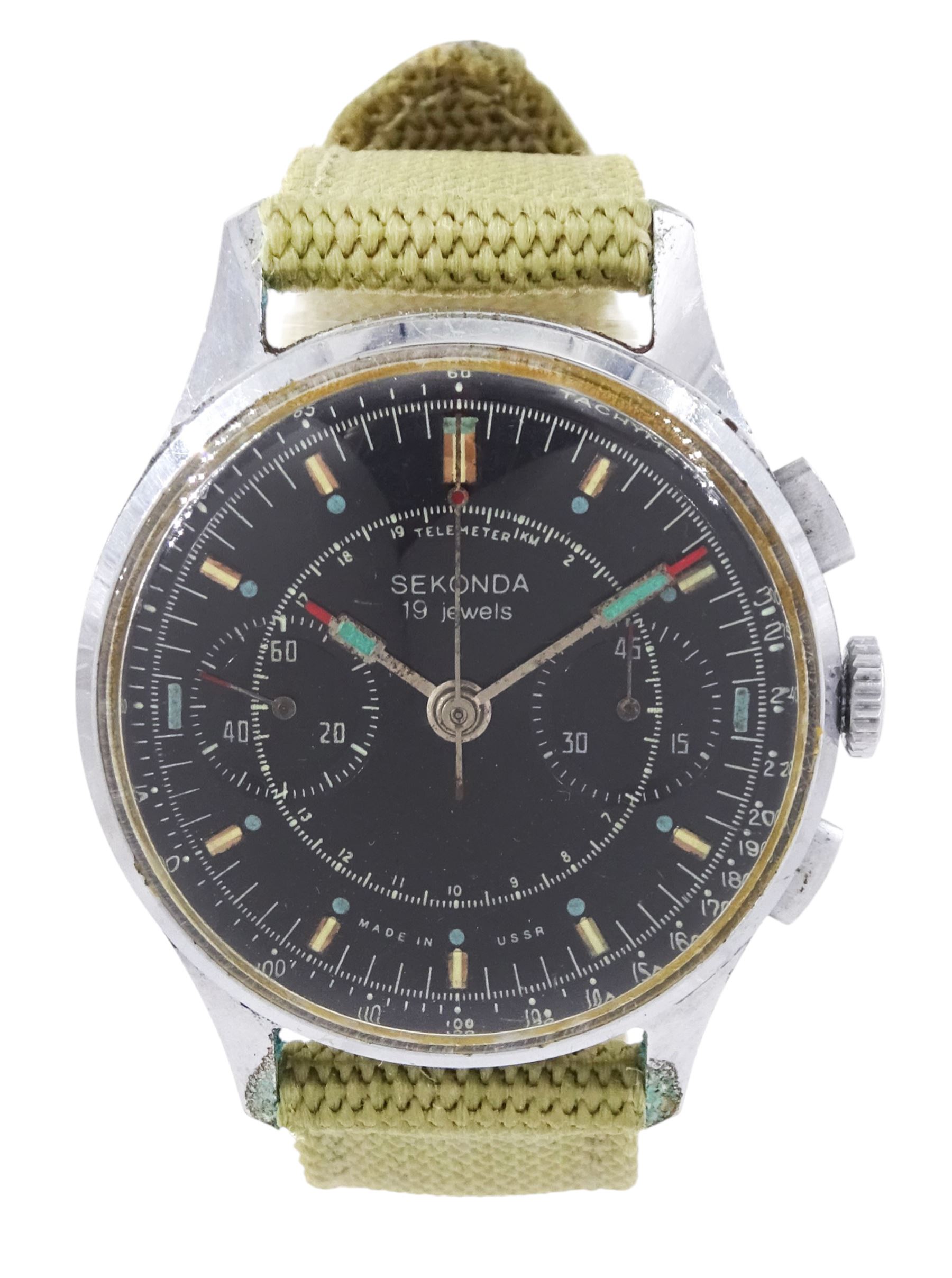 Sekonda Strela gentleman's stainless steel and chrome plated manual wind chronograph wristwatch, Cal. 3017, black dial with baton hour markers, subsidiary dials at 3 and 9 for seconds and 45 minute recording, tachymeter and telemeter scales, on fabric strap