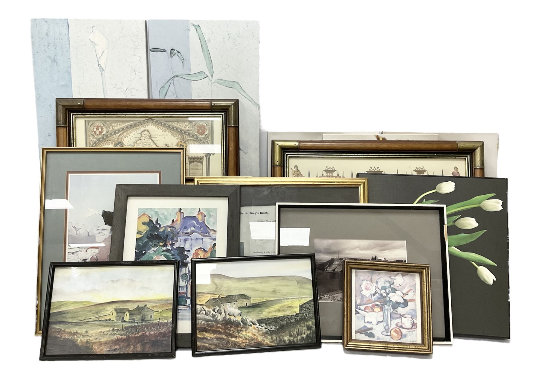 Andrew Gilmour; 'Ribblehead to Hawes' and 'Hag Dyke', three framed maps, together with three canvas flower prints, etc