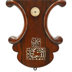 J. Somalvico & Co., Hatton Garden, London - early 19th century rosewood wheel barometer, the shaped banjo-form case inlaid in mother-of-pearl with foliate and animal motifs, incorporating a mercury thermometer above the circular silvered dial with weather indications, globe motif and brass bezel, signed 'J. Somalvico & Co.'