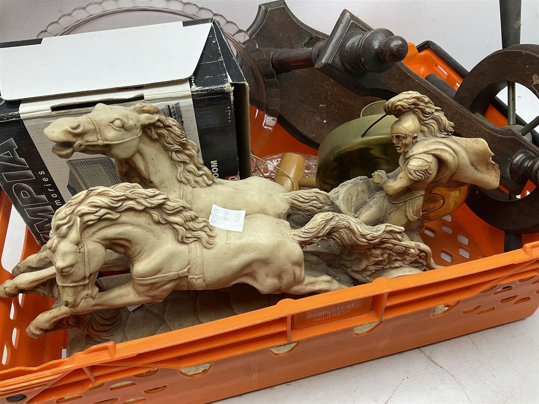 Composite figure of a Roman chariot, together with Olympia NK4040 camera, sewing machine and other collectables, in two boxes  