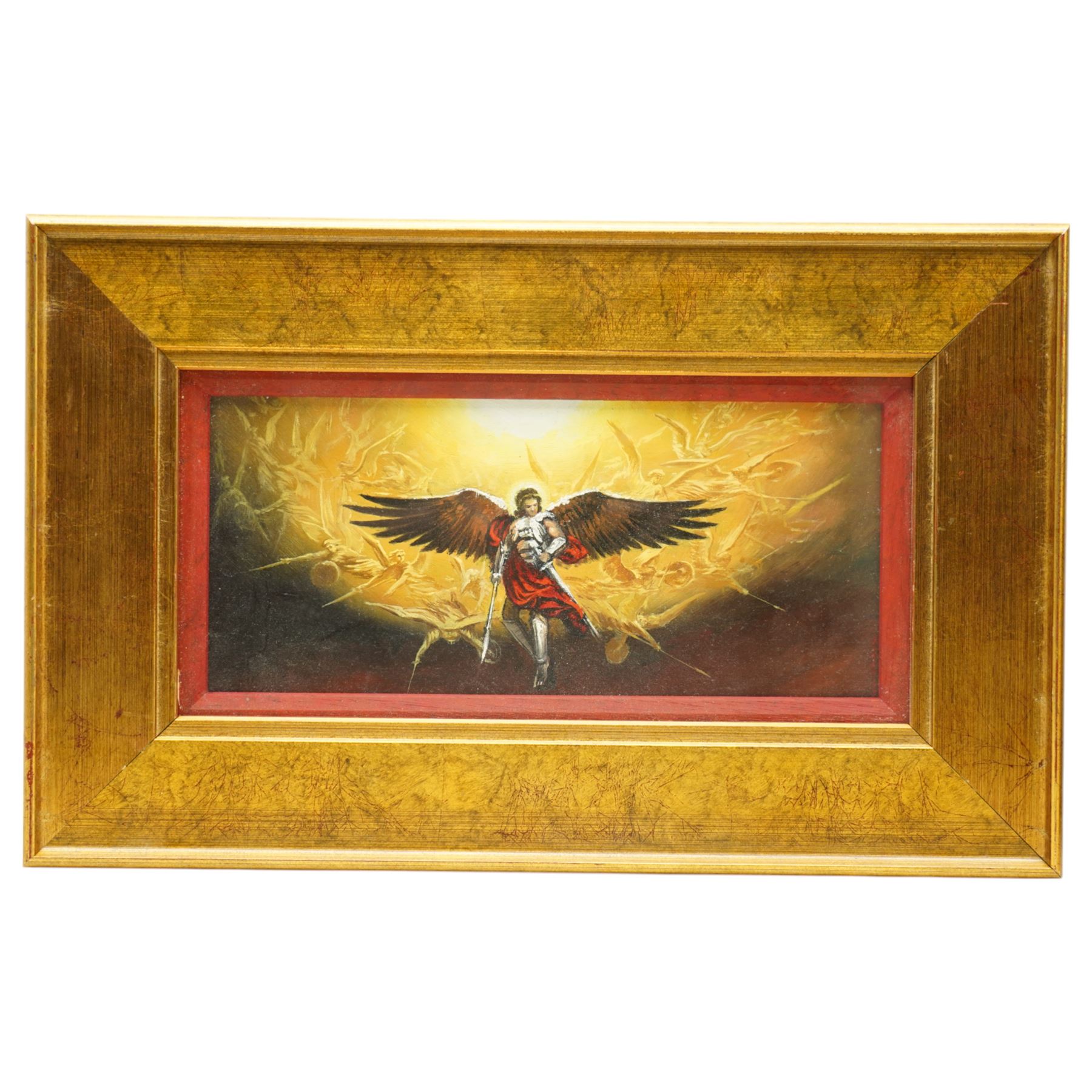 Victor Arseni (Moldovan 1969-): The Four Archangels - Michael Gabriel Raphael and Uriel, set four oils on board signed and inscribed verso 13cm x 29cm (4)