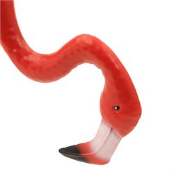 Pair of contemporary pink painted metal flamingos, with elongated curved necks, black-tipped beaks and overlapping pierced metal plumage, on long slender legs terminating in three-toed feet, modelled in differing poses