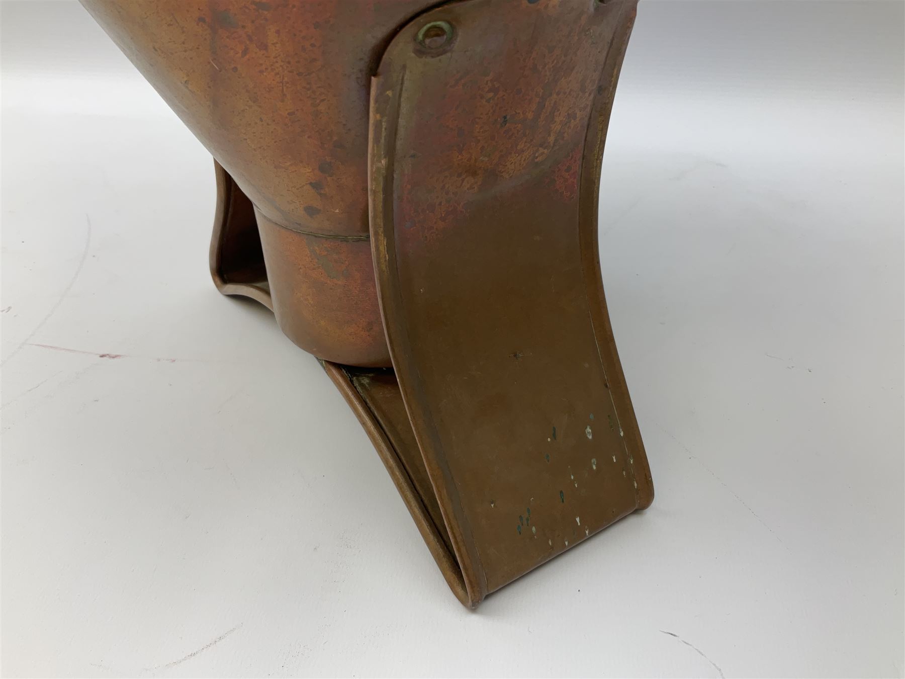 Agricultural copper corn funnel, H32.5cm, another similar copper funnel and copper warming platter of oval form, with twin handles on four supports, with removeable warming plate, L49cm