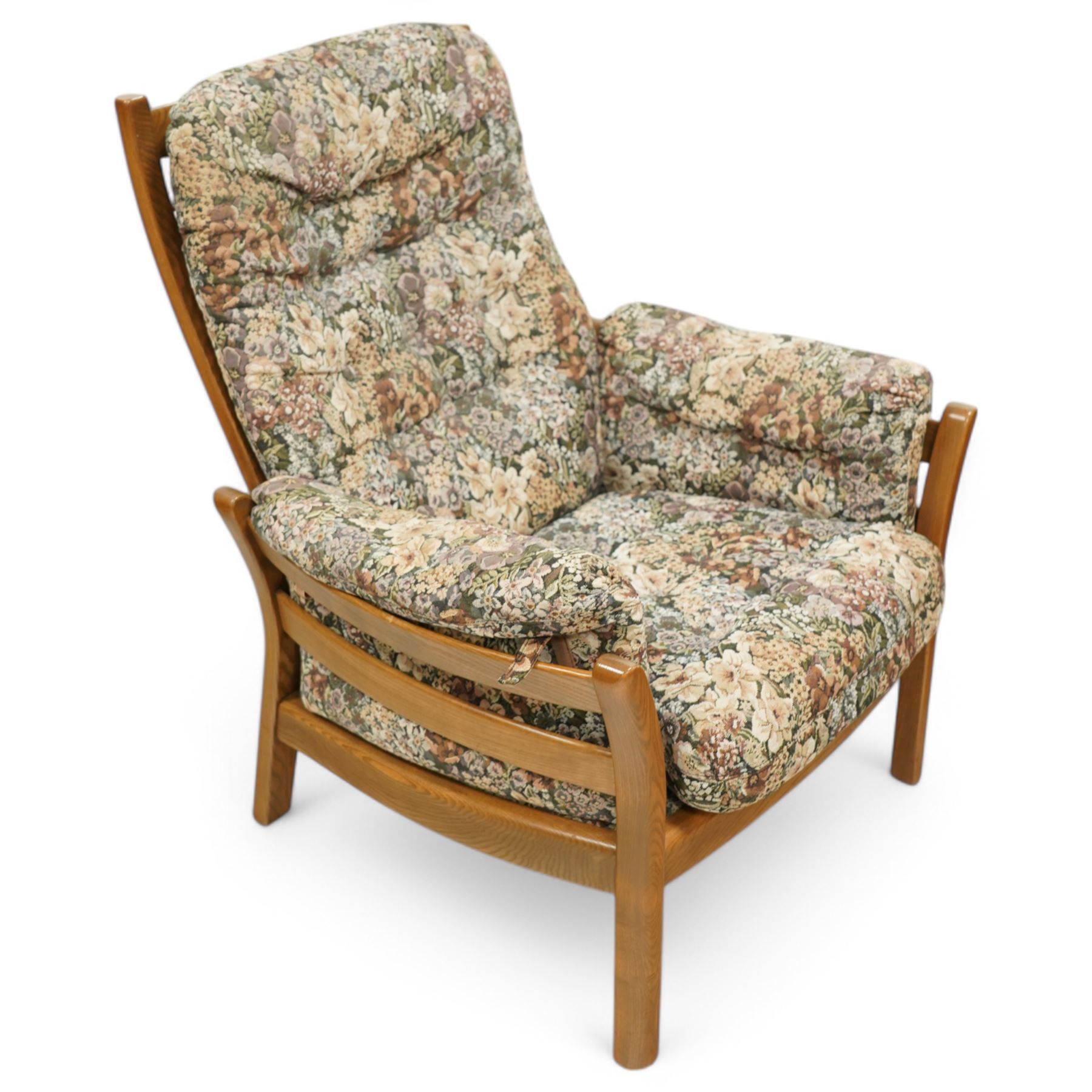 Lucian Ercolani for Ercol - pair of model '903' elm armchairs, with loose cushions upholstered in floral pattern fabric