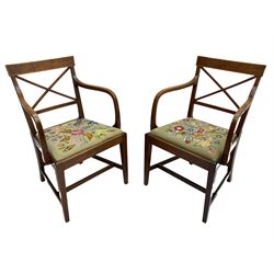 Pair 19th century inlaid mahogany elbow chairs, rectangular cresting rails with satinwood band over x-framed back, needlework drop in seats, on square tapering supports joined by plain stretchers