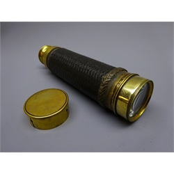  Late 19th century brass three-drawer pocket telescope with rope bound leather covered barrel, brass end cap, L41cm max  