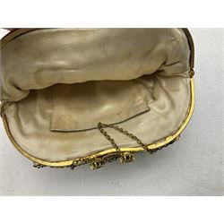 Victorian three piece mourning dress, with lace trim and jet beading, including velvet coat with satin collar panels and cuffs, the nipped waist with boning and slight flared peplum, heavily embellished beaded high neck collar, and ladies embroidered silk lined purse with gilt handle, mount and clasp